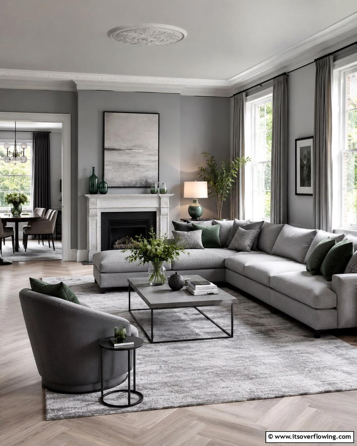 Monochromatic Grey with Subtle Green Highlights - 25 Green and Grey Living Room Ideas for Modern Homes