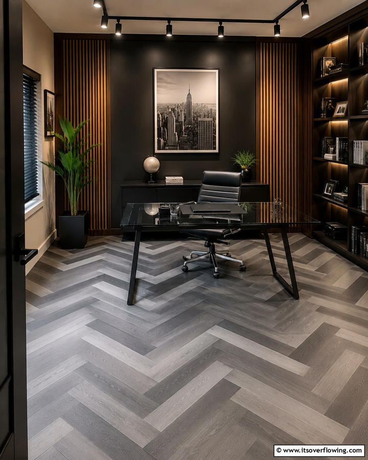 Monochromatic Herringbone - 25 Painted Floor Ideas to Revitalize Your Home