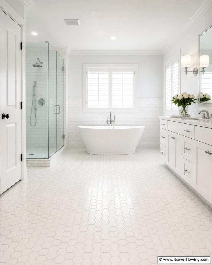 Monochromatic Hexagon Tile Floors - 20 Hexagon Tiles Ideas for Bathrooms with Style
