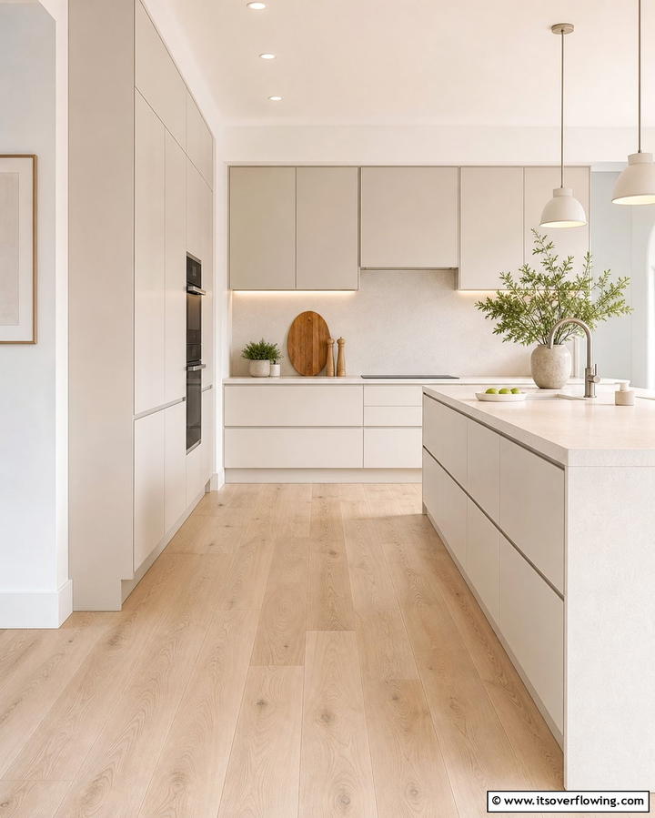 Monochromatic Kitchen with Light Wood Floors - 25 Light Wood Floor Kitchen Ideas for a Bright Space