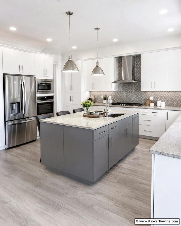Monochromatic Layers with White Cabinets and a Grey Island - 25 White Kitchen Cabinets with Grey Island Ideas