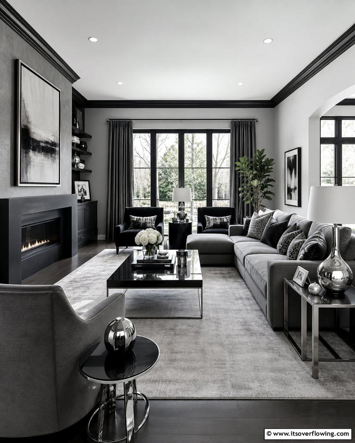 Monochromatic Marvel - 25 Living Room With Grey Walls and Black Trim Ideas
