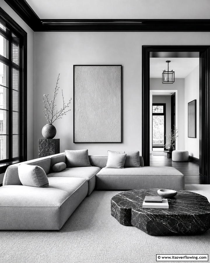Monochromatic Minimalism - 25 Living Room With Grey Walls and Black Trim Ideas