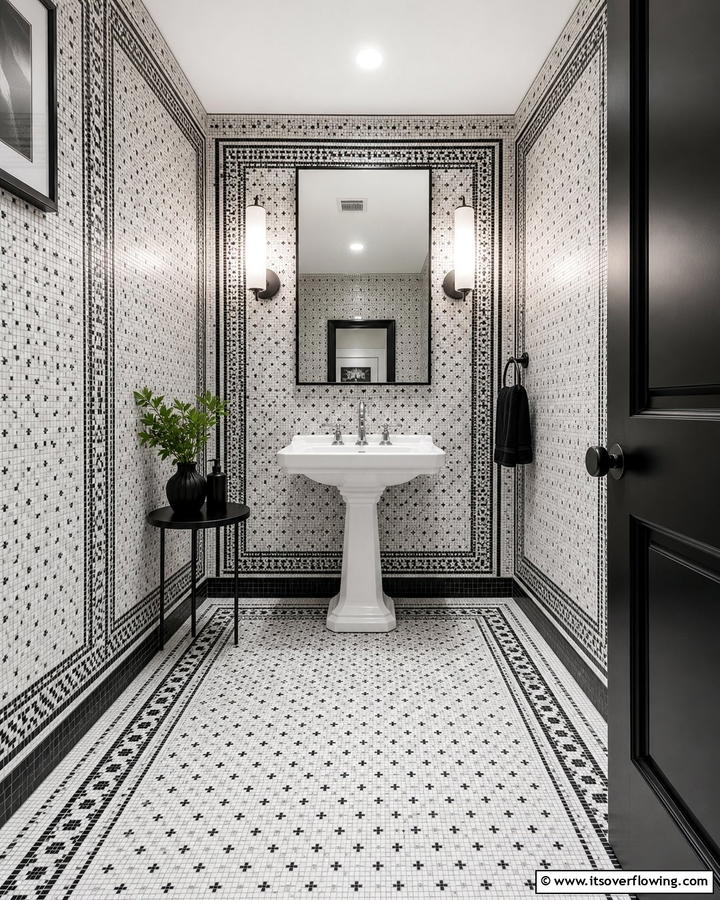 Monochromatic Mosaic Tiles - 20 Black and White Powder Room Ideas for a Classic Style