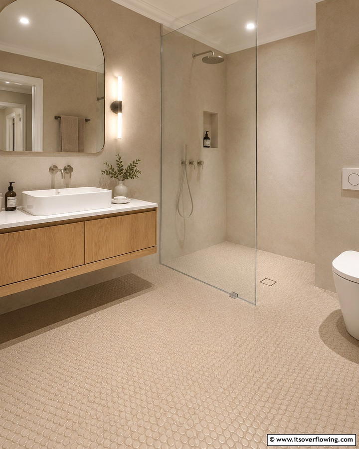 Monochromatic Penny Tile Floors - 25 Penny Tile Bathroom Floor Ideas for a Unique Look