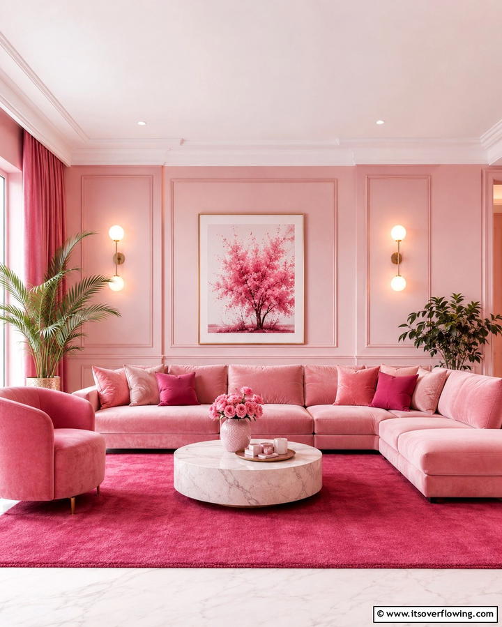 Monochromatic Pink Layers - 30 Pink Living Room Ideas for Soft and Inviting Spaces