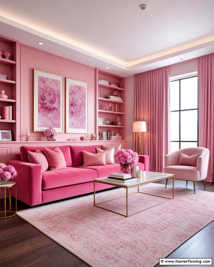 Monochromatic Pink Layers - 20 Pink Couch Living Room Ideas for a Bold Statement