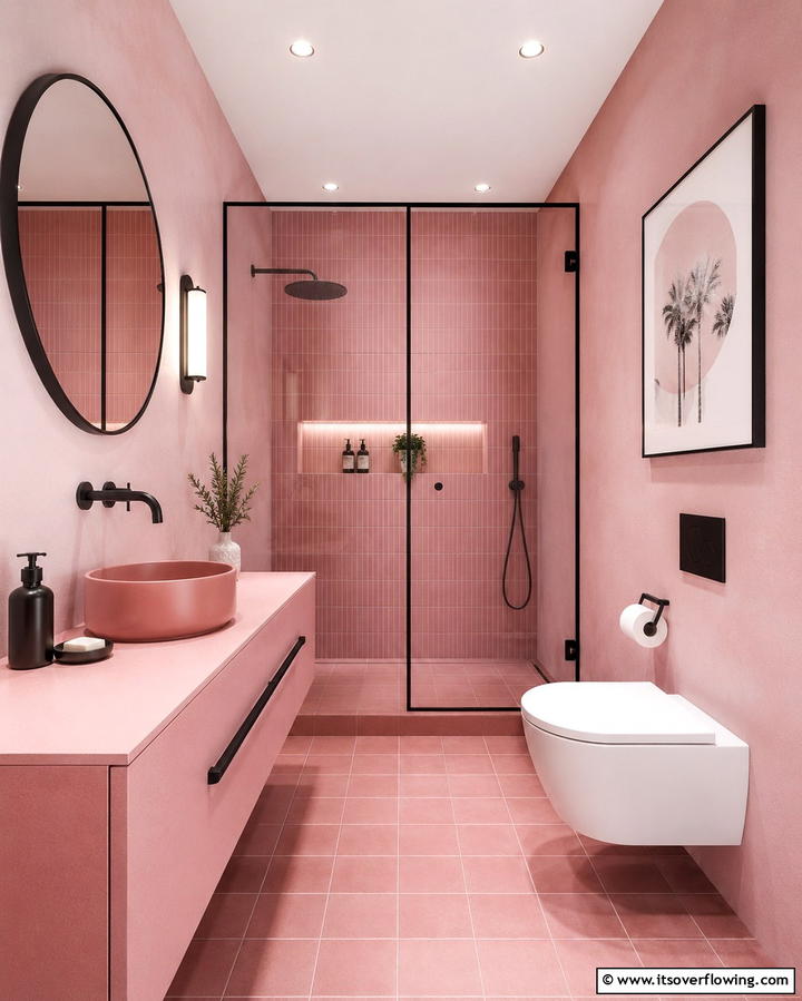 Monochromatic Pink and Black Bathroom - 25 Pink and Black Bathroom Ideas for a Bold and Chic Look
