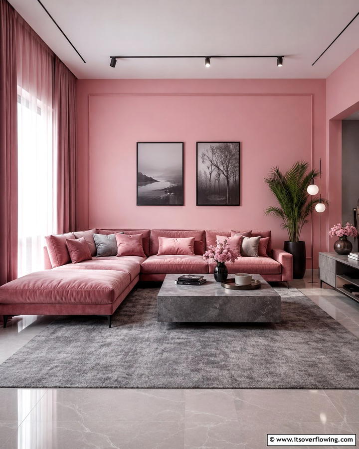 Monochromatic Pink with Grey Accents - 25 Pink and Grey Living Room Ideas for a Chic Space