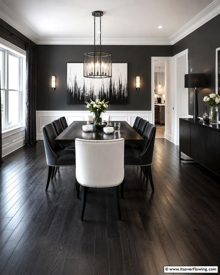 Monochromatic Sophistication - 25 Dark Wood Floor Dining Room Ideas for a Classic Look