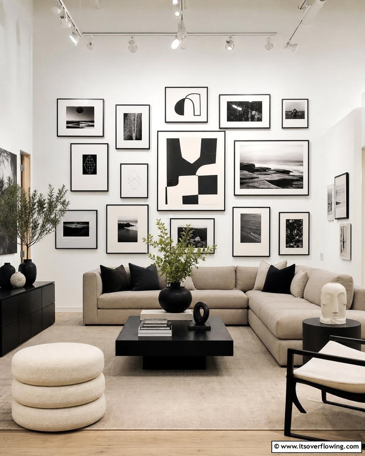Monochrome Art Display - 21 Neutral Living Room Ideas for Calm & Versatile Decor