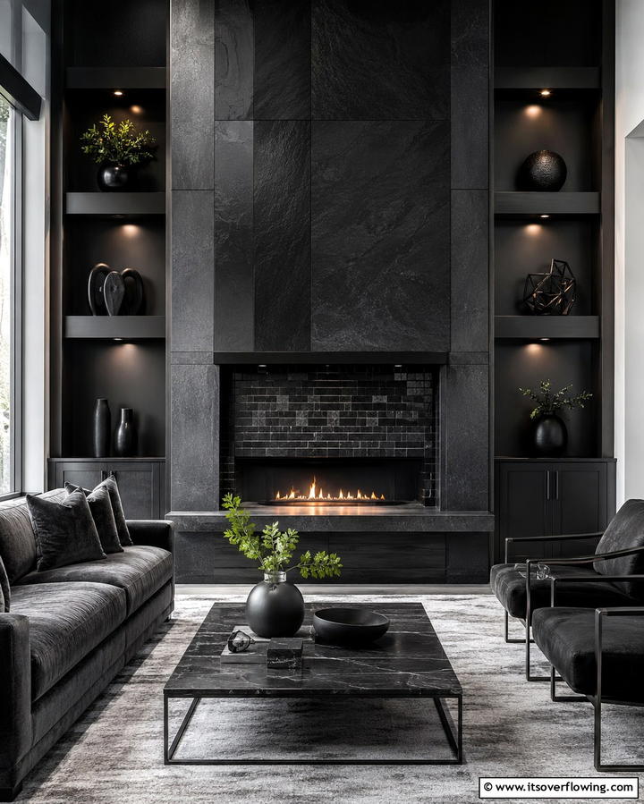 Monochrome Artistry - 30 Bold Black Fireplace Ideas to Elevate Your Living Room