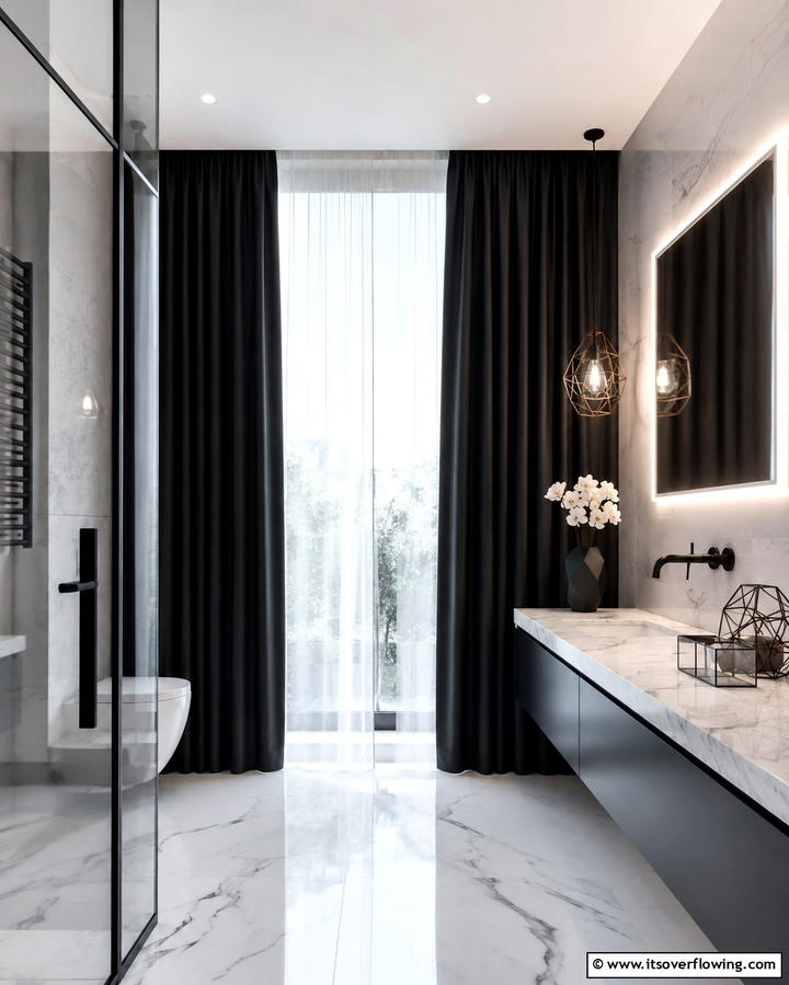 Monochrome Curtains for Sleek Sophistication - 25 Bathroom Curtain Ideas for Privacy and Style