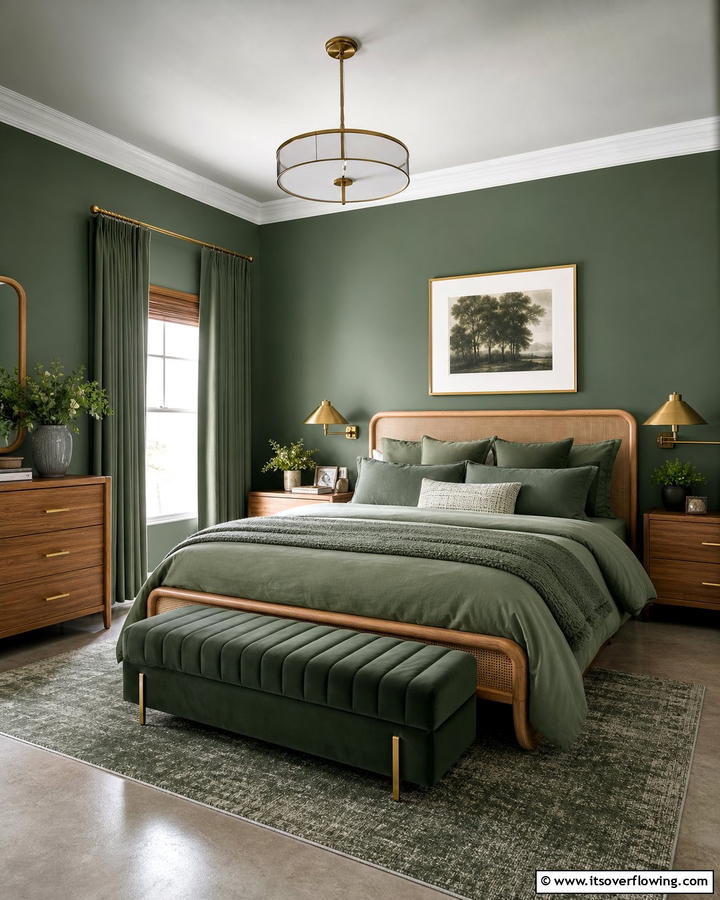 Monochrome Dark Green Palette - 21 Dark Green Bedroom Ideas- Moody & Luxurious Spaces
