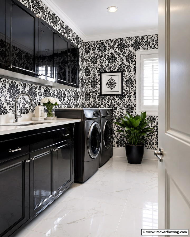 Monochrome Elegance - 25 Laundry Room Wallpaper Ideas to Brighten Your Space