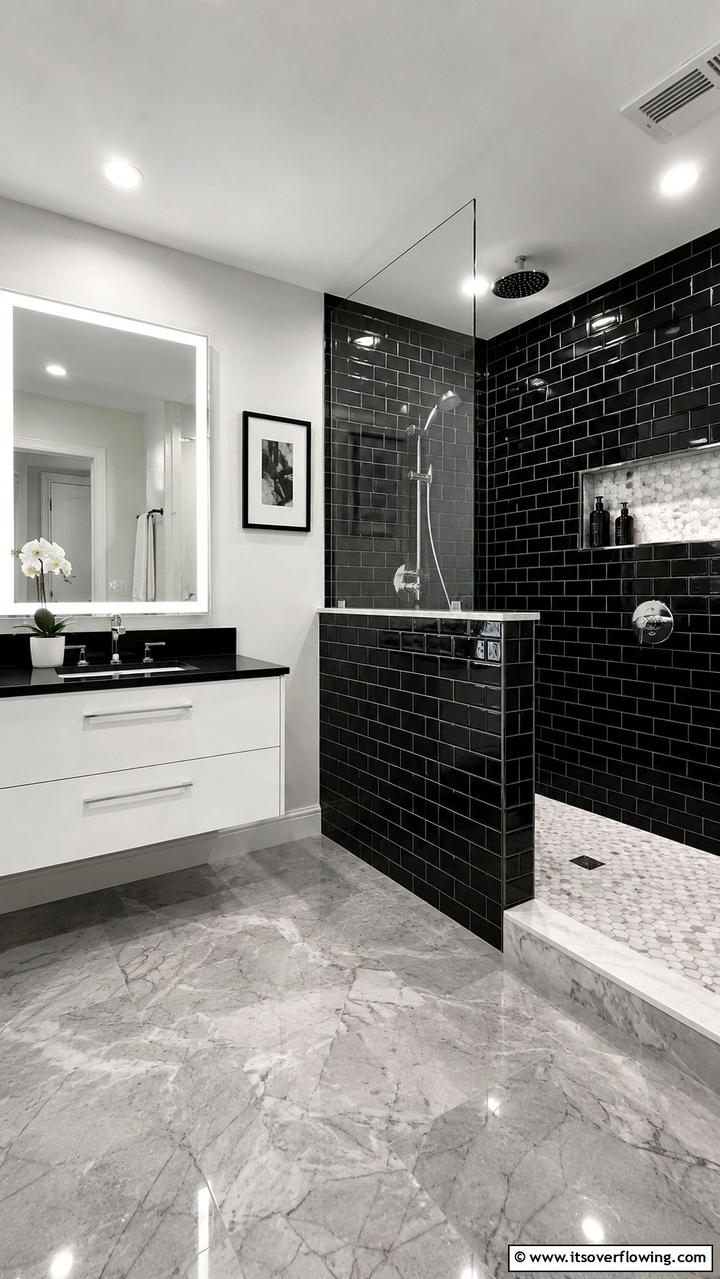 Monochrome Elegance - 30 Half-Wall Shower Ideas- Sleek Bathroom Design Solutions