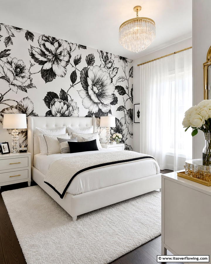 Monochrome Floral Wallpaper - 20 Feminine Black and White Bedroom Ideas for Elegance