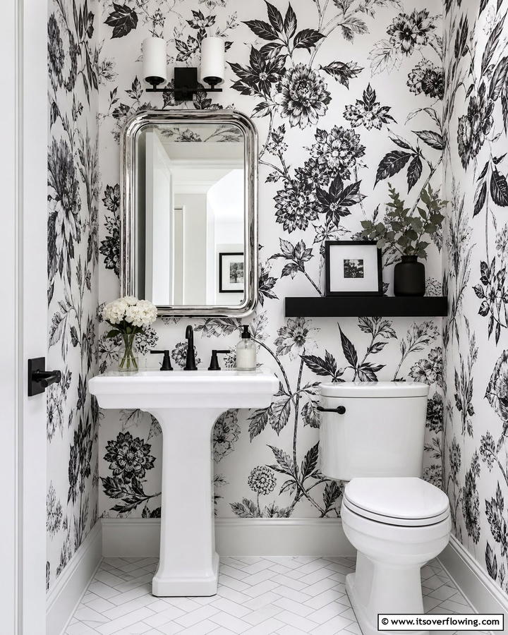 Monochrome Floral Wallpaper - 20 Black and White Powder Room Ideas for a Classic Style