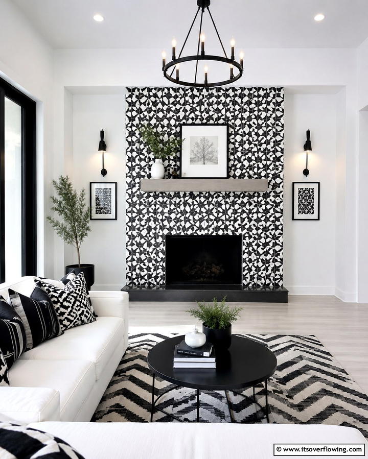 Monochrome Geometric Tiles - 25 Black and White Fireplace Ideas for Timeless Elegance