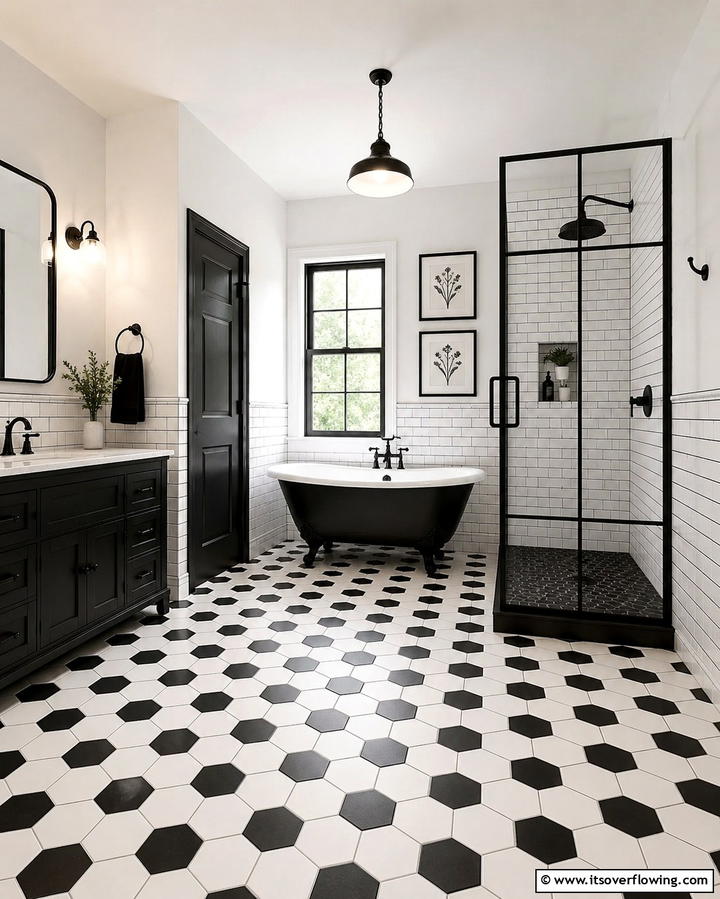 Monochrome Magic with Black and White Hexagon Tiles - 30 Bathrooms with Hexagon Tile Floor Design Ideas