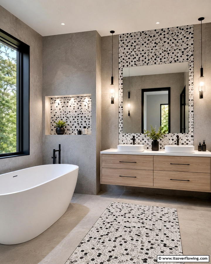 Monochrome Mosaic Accents - 30 Striking Black & White Bathroom Tile Designs for Timeless Style