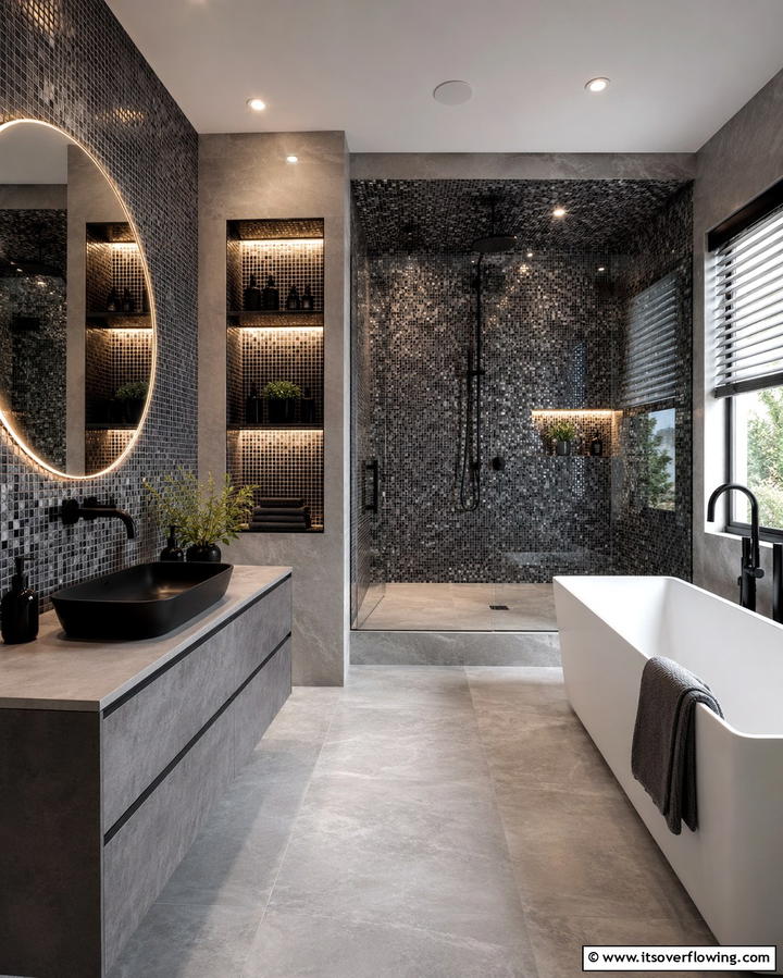Monochrome Mosaic Tiles - 25 Black and Grey Bathroom Ideas for a Sleek Design