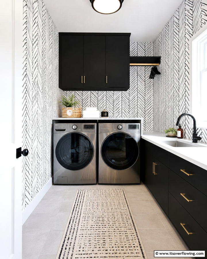 Monochrome Patterns for Sleek Sophistication - 25 Laundry Room Wallpaper Ideas to Brighten Your Space