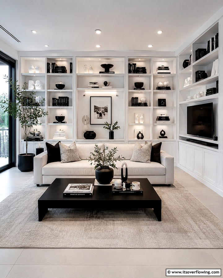 Monochrome Shelving Displays - 25 Black and White Living Room Ideas for a Classic Look