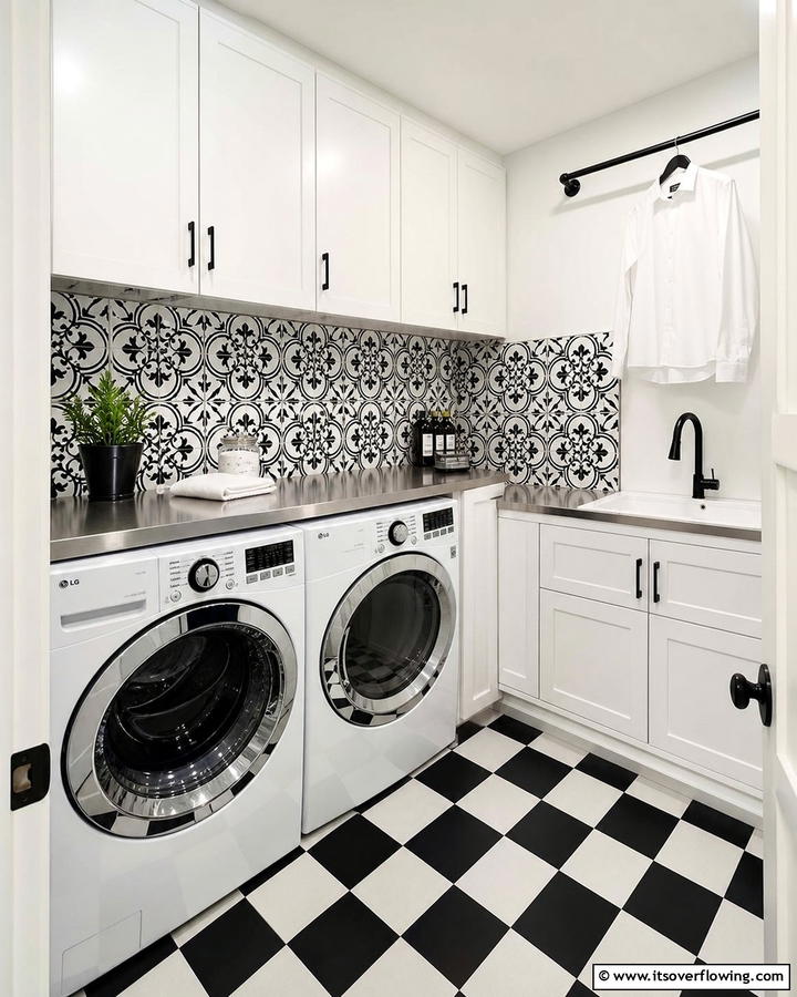 Monochrome Tile Patterns - 20 Black and White Laundry Room Ideas for Style