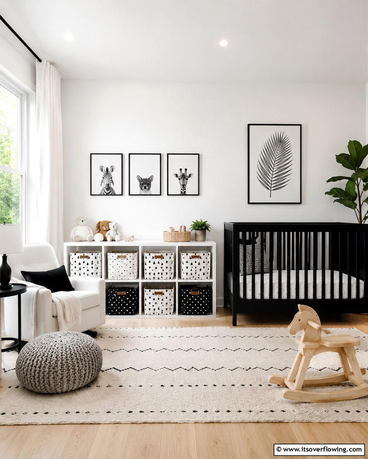 Monochrome Toy StorageExact - 30 Chic Black & White Nursery Ideas for Modern Baby Rooms