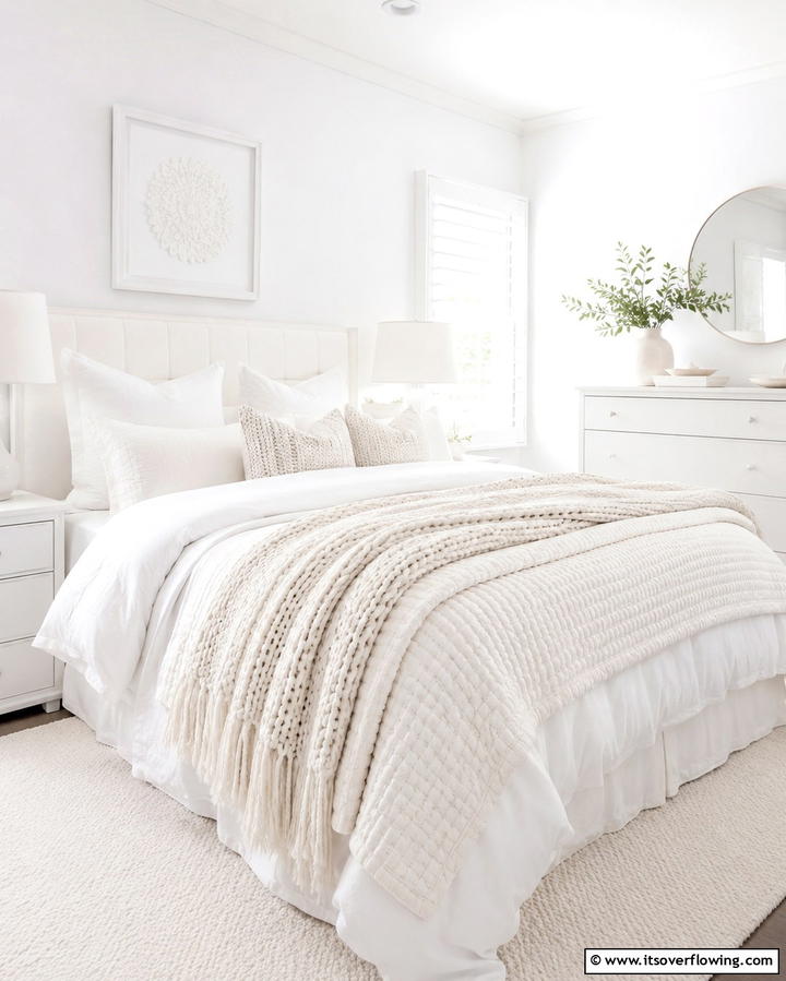 Monochrome White Bedding Layers - 20 Bright Small White Bedroom Design Ideas