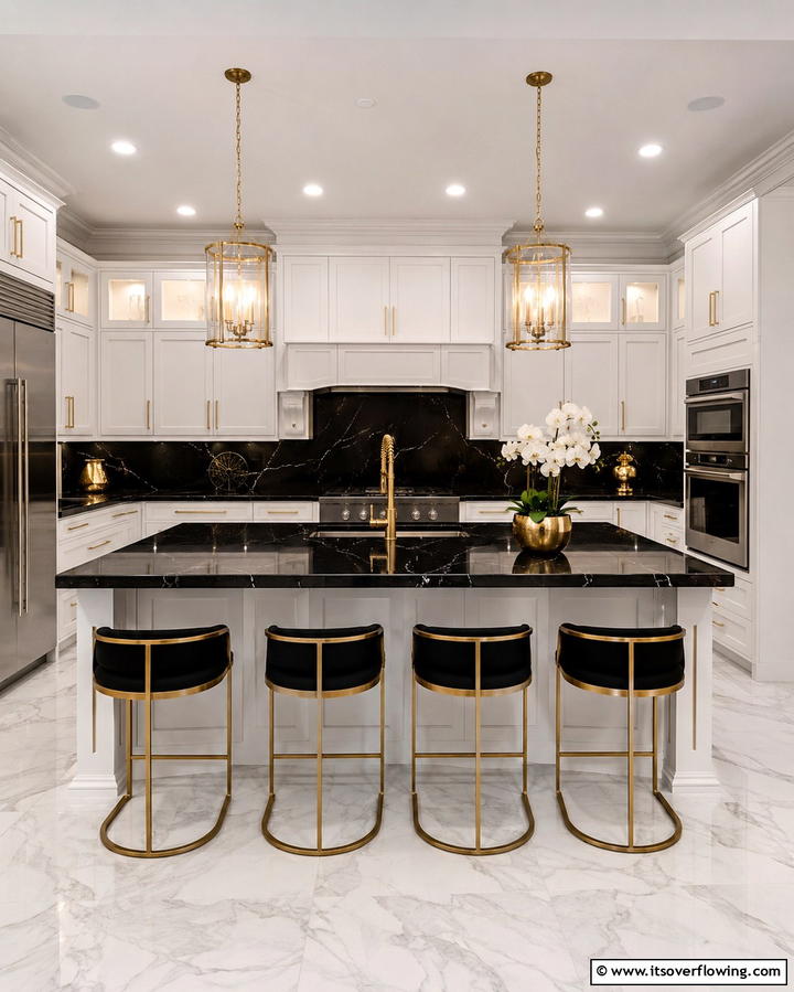 Monochrome with Gold Accents - 25 Kitchen With White Cabinets and Black Countertops Ideas