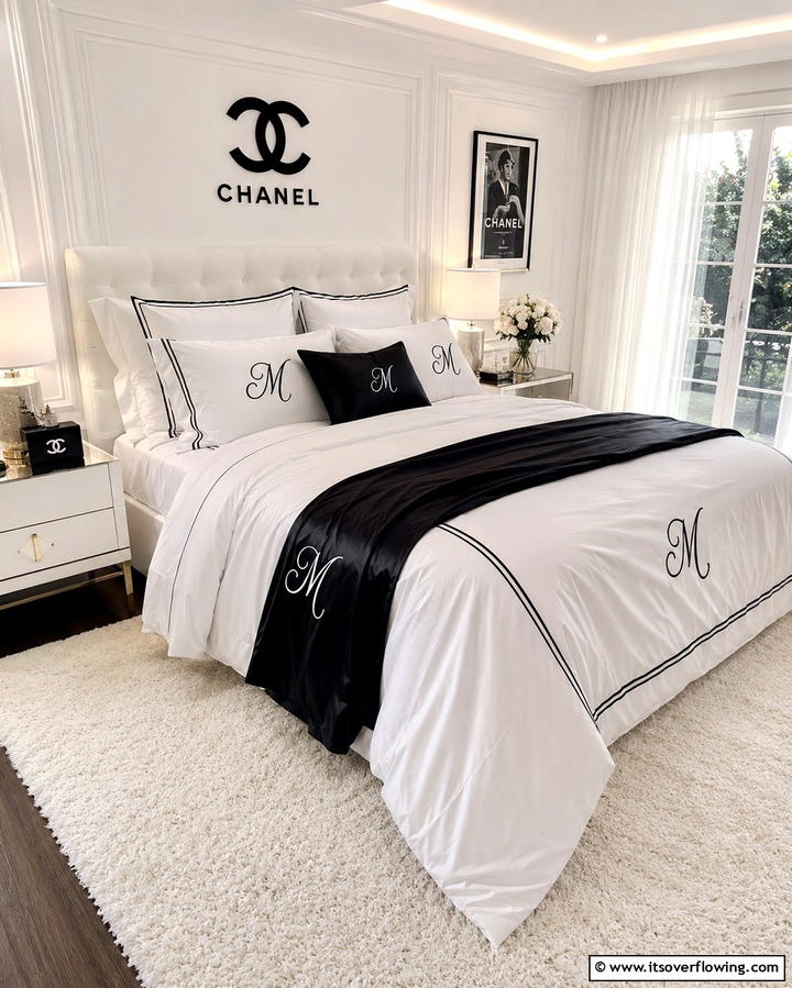 Monogrammed Bedding - 25 Chanel Bedroom Ideas for a Luxurious and Chic Space