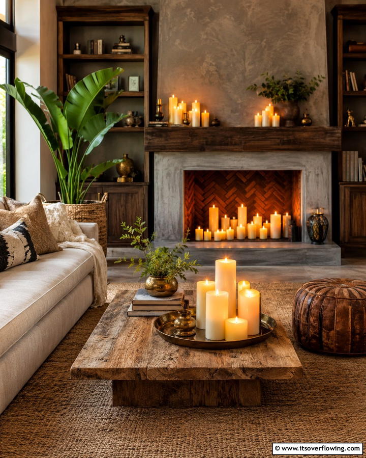 Moody Candle Displays - 25 Moody Boho Living Room Ideas for a Cozy Vibe