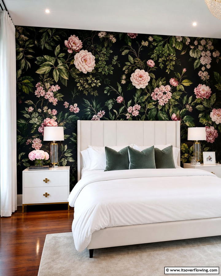 Moody Floral Wallpaper - 25 Black Accent Wall Bedroom Ideas for Drama