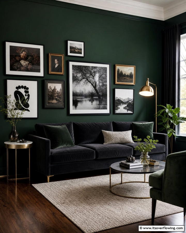 Moody Gallery Wall - 21 Dark Green Accent Wall Ideas for Dramatic Interiors