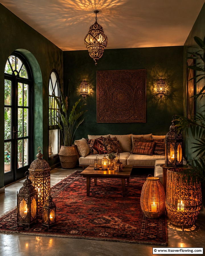 Moody Lighting with Lanterns - 25 Moody Boho Living Room Ideas for a Cozy Vibe