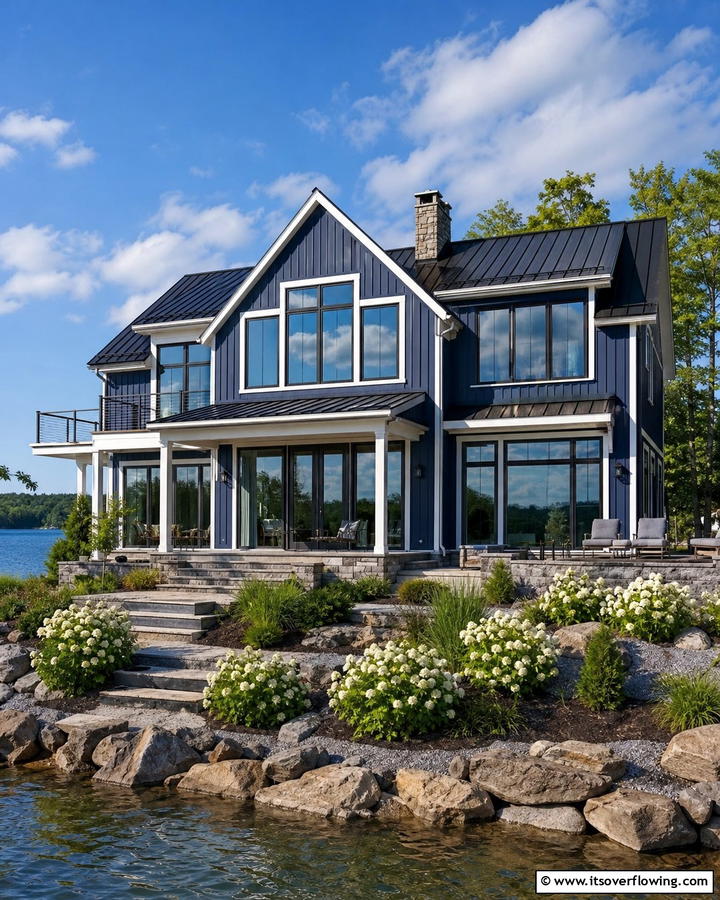 Moody Midnight Blue - 30 Lake House Exterior Color Ideas Inspired by Nature
