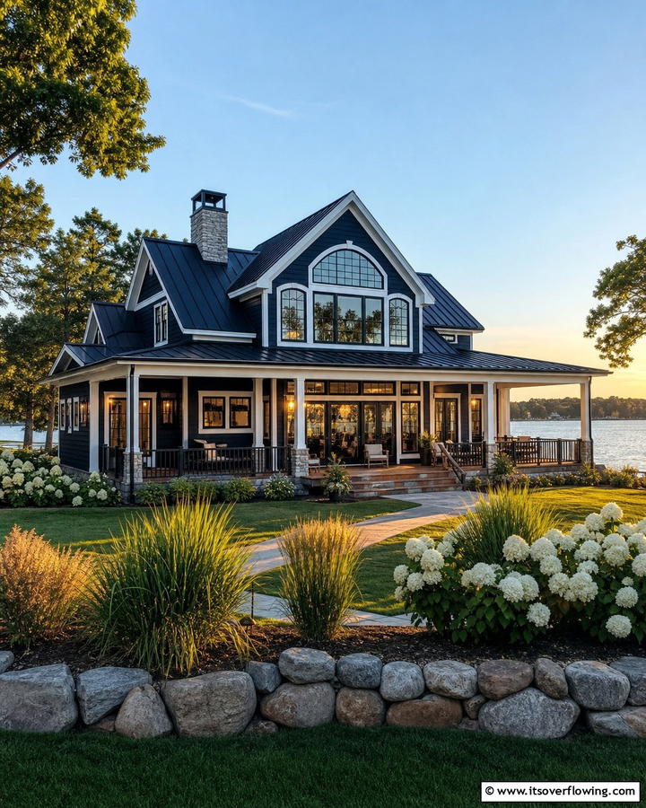 Moody Navy Elegance - 30 Lake House Exterior Color Ideas Inspired by Nature