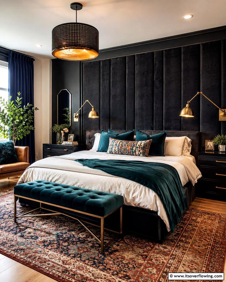 Moody Velvet Accent Walls - 30 Moody Dark Boho Bedroom Decor Inspirations for Cozy Nights