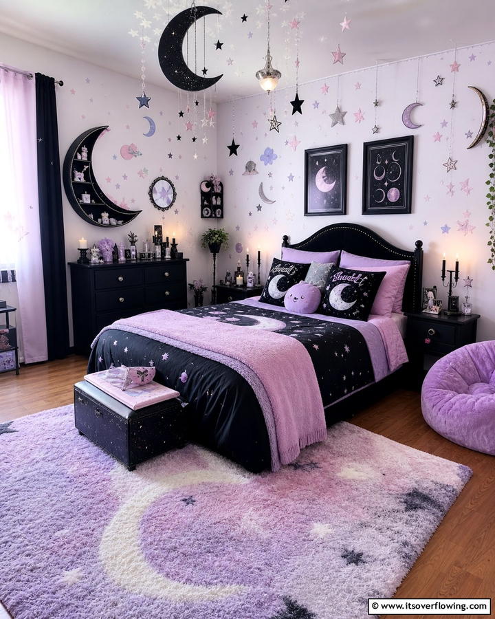 Moon and Star Accents - 20 Pastel Goth Bedroom Ideas for a Unique Aesthetic
