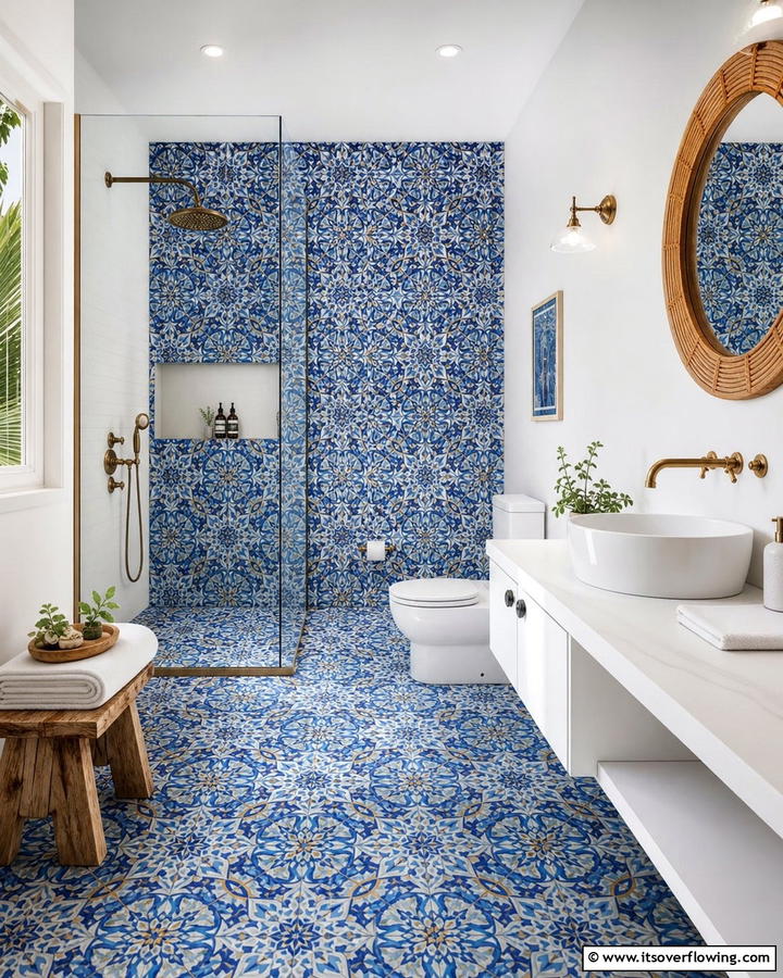 Moroccan Inspired Blue Patterns - 25 Stunning Blue Tile Bathroom Ideas for a Fresh Look