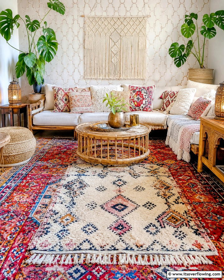 Moroccan Inspired Rugs - 25 Colorful Boho Living Room Ideas for a Vibrant Space