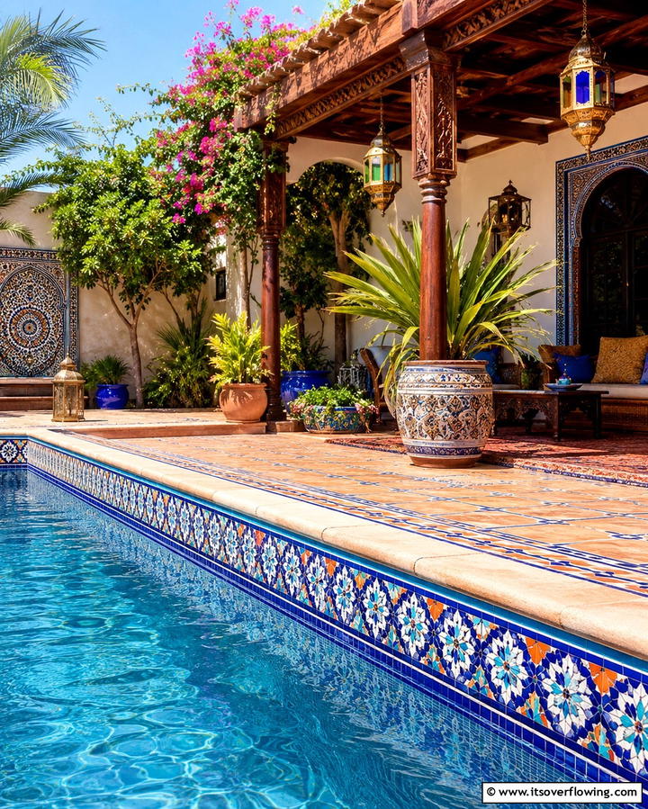 Moroccan Inspired Tiles - 20 Waterline Pool Tile Ideas for a Stunning Backyard Oasis