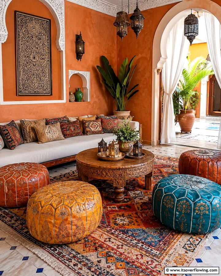 Moroccan Pouf Seating - 30 Eclectic Boho Decor Ideas for a Free-Spirited Home Vibe
