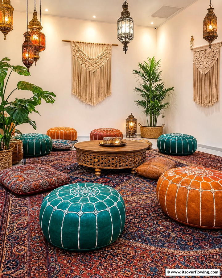 Moroccan Poufs for Versatile Seating - 20 Boho Meditation Room Ideas- Tranquil Retreats
