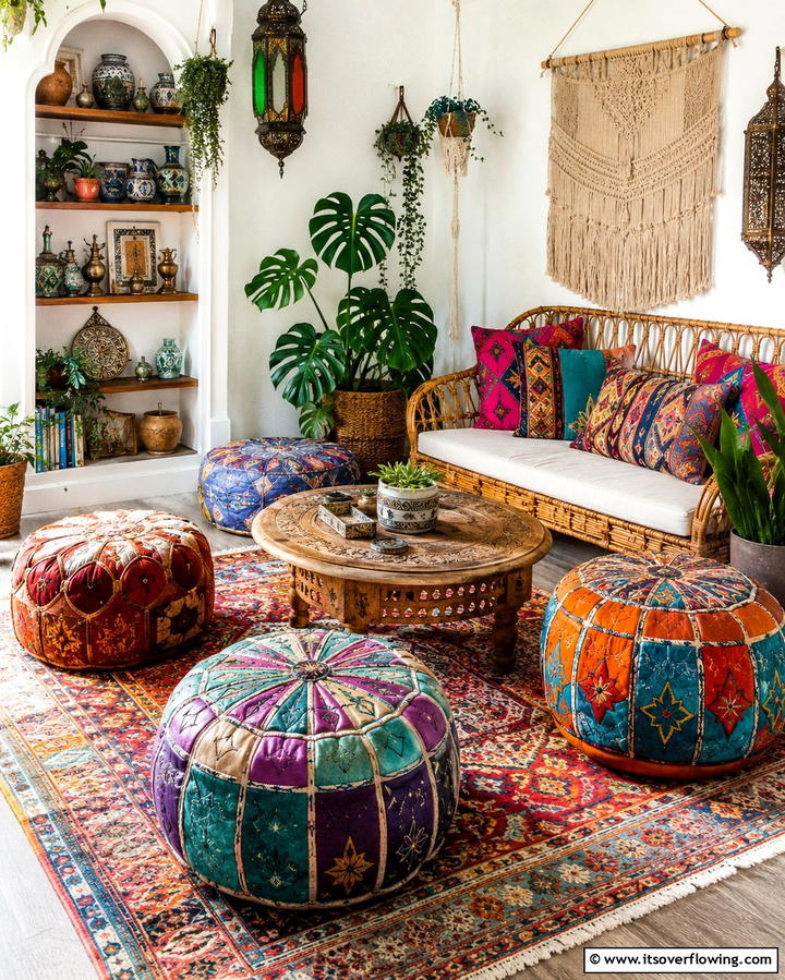 Moroccan Poufs - 25 Colorful Boho Living Room Ideas for a Vibrant Space