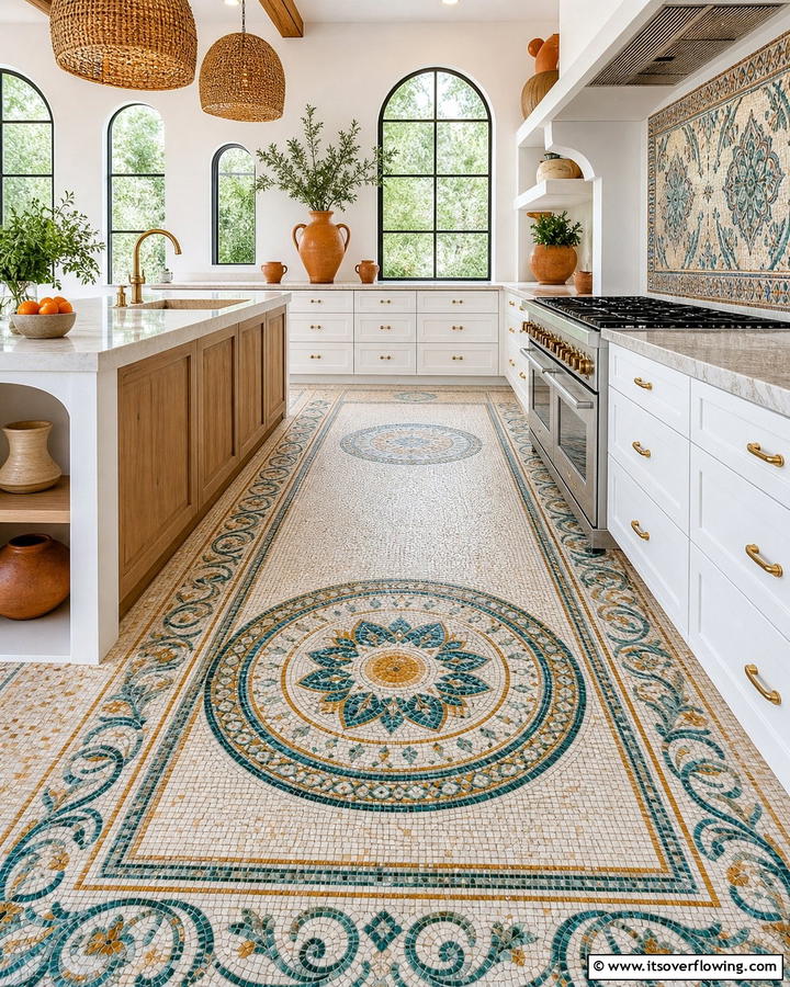 Mosaic Accent Detail - 21 Kitchen Floor Tile Ideas- Durable & Stylish Options