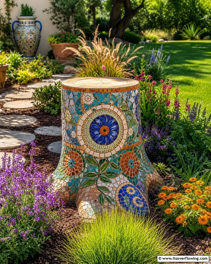 Mosaic Art Accent - 21 Creative Tree Stump Decorating Ideas for Rustic Accents