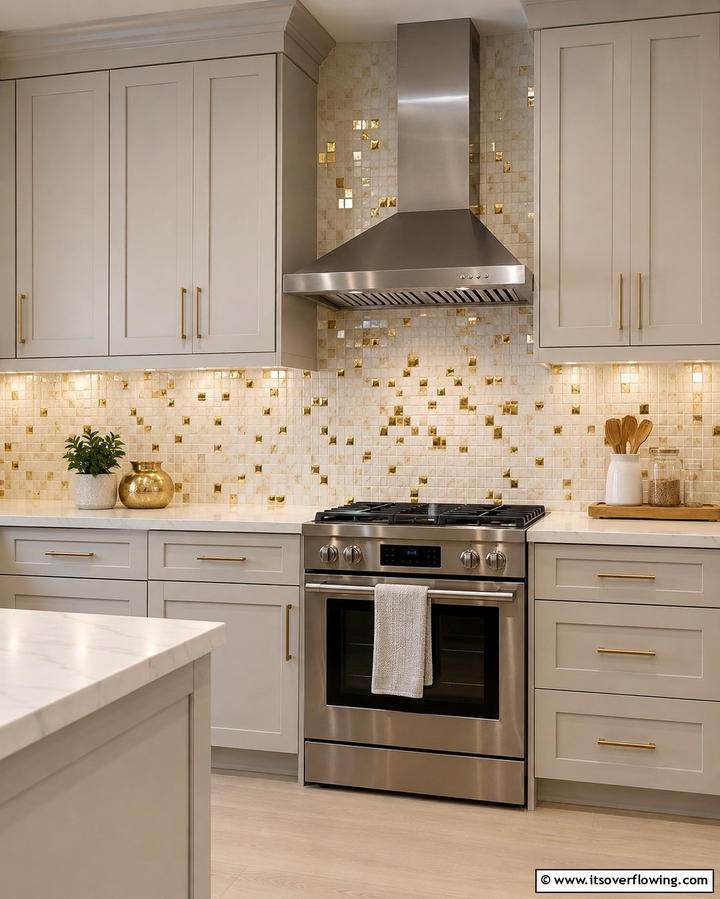 Mosaic Backsplash with White and Gold Pieces - 25 White and Gold Kitchen Backsplash Ideas for Elegance